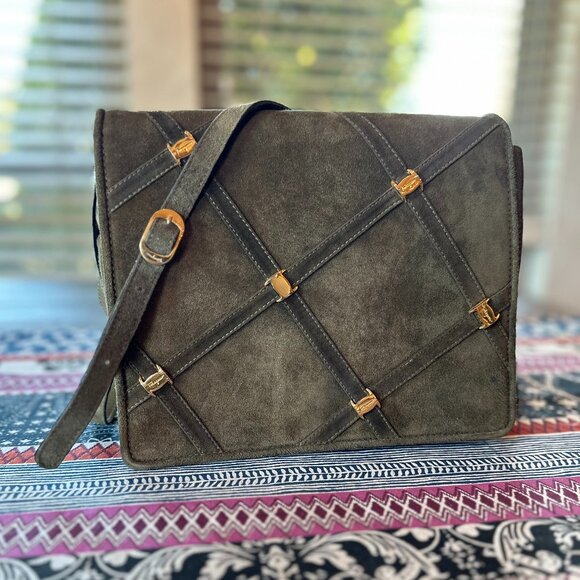 Salvatore Ferragamo Olive Green Suede Crossbody Shoulder Bag, Vintage, Rare - Picture 1 of 15